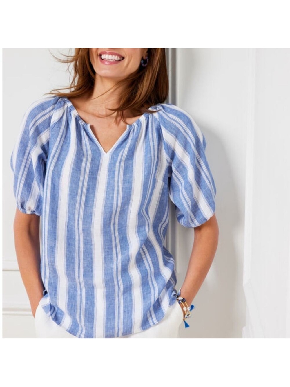 Talbots linen popover dreamy striped Blue & White Striped V-Neck blouse 1X